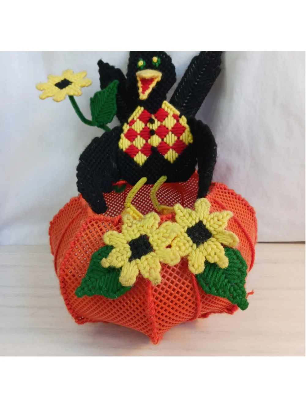 Vintage Halloween Craft Basket Crow On Pumpkin With Sunflowers Handicraft